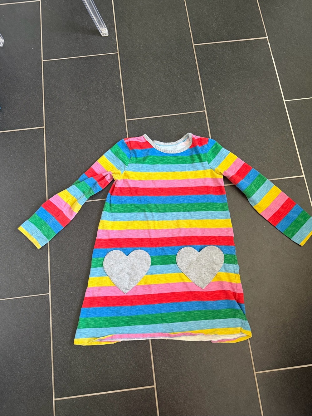 Mini Boden Girls Rainbow Stripe Heart Pocket Dress 11-12Y Long Sleeve
